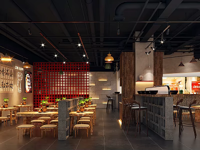 Modern Restaurant Interior With Red Grid Wall Stone Bar Wooden Tables And Pendant Lights 3d model