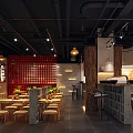 Modern Restaurant Interior With Red Grid Wall Stone Bar Wooden Tables And Pendant Lights