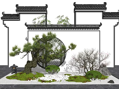 Traditional Chinese Courtyard Garden With Circular Lattice Window Pine Tree Bamboo And Stone Decorations 3d model