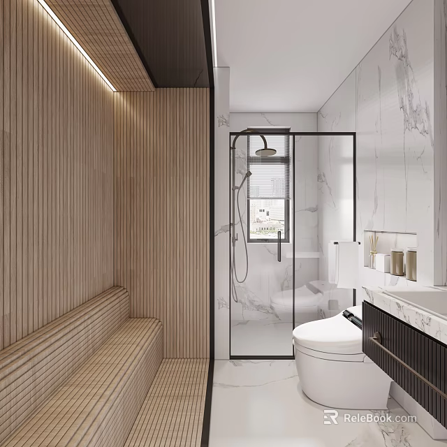 Modern Bathroom With Wooden Accents Marble Walls And Glass Shower 3d model 
