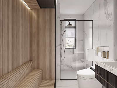 Modern Bathroom With Wooden Accents Marble Walls And Glass Shower 3d model