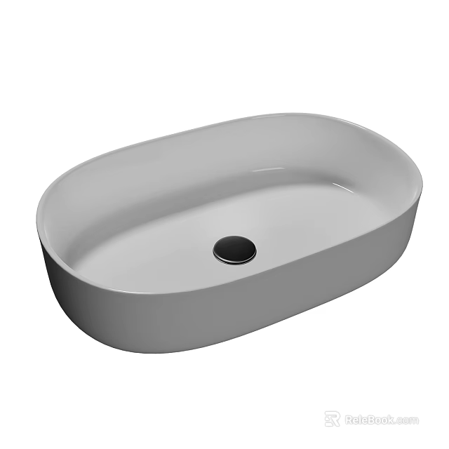 Oval Shaped Gray Washbasin with Smooth Surface and Central Drain Hole Design 3d model