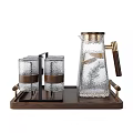 Textured Glass Drinkware Set With Wooden Tray And Metal Rack