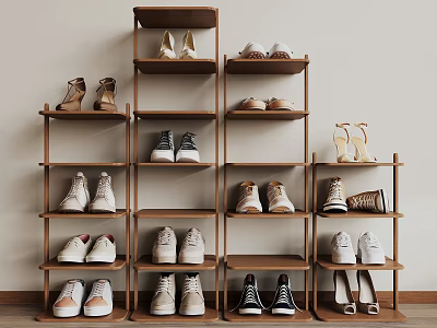 Natural Wooden Multi Tiered Shoe Rack Displaying Sneakers Heels And Casual Shoes 3d model