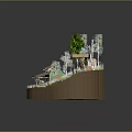 Cartoon Landscape Miniature with Wooden House Green Trees Little Figure Tree House and Wooden Stairs