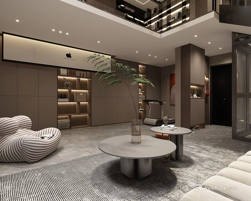Modern Basement Interior Design With Sofa Coffee Table Plant And Bookshelf 3d model 