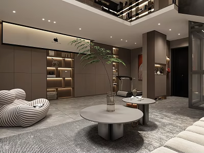 Modern Basement Interior Design With Sofa Coffee Table Plant And Bookshelf 3d model