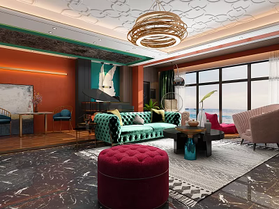 Modern Living Room Interior With Green Sofa Red Ottoman Chandelier Large Windows And Piano 3d model