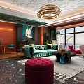 Modern Living Room Interior With Green Sofa Red Ottoman Chandelier Large Windows And Piano