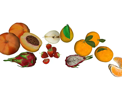 Colorful Display of Fresh Assorted Fruits Including Peaches Pears Lemons Oranges Strawberries and Dragon Fruit 3d model