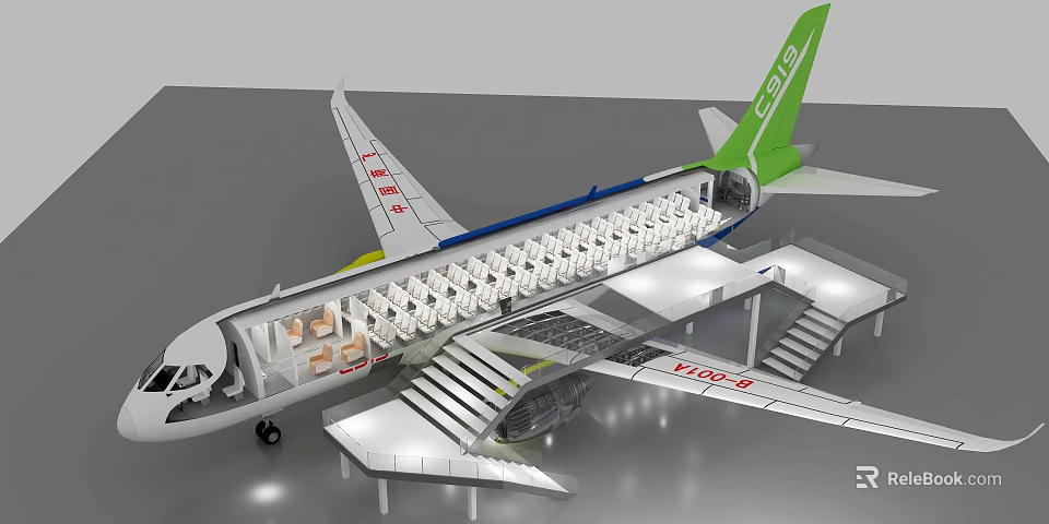 C919 Aircraft Cabin Interior Layout With Passenger Seats And Stairs 3d model