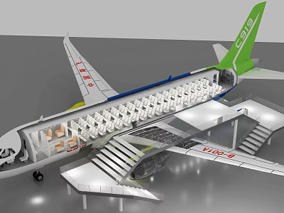 C919 Aircraft Cabin Interior Layout With Passenger Seats And Stairs 3d model