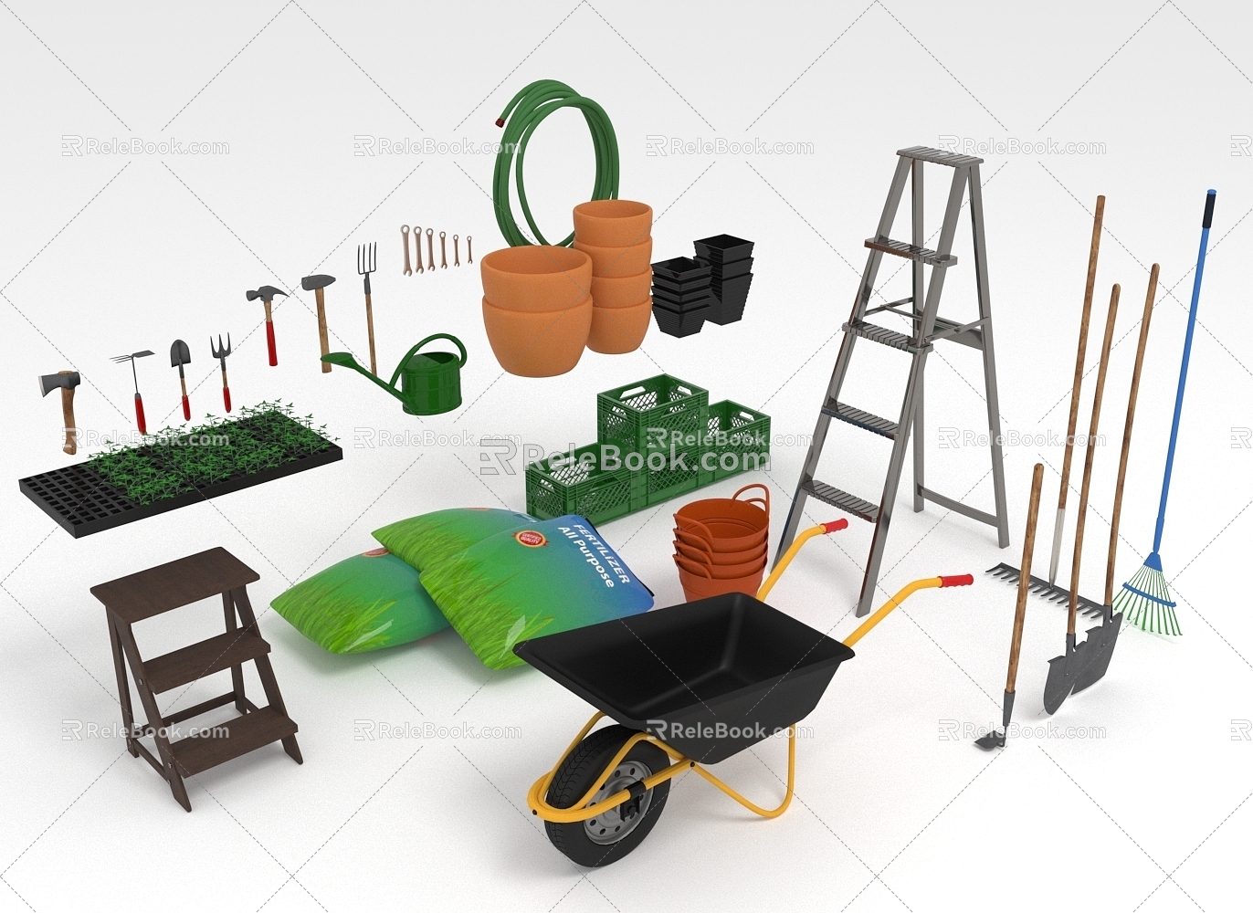 Farm Tools Gardener Tools Ladder Trolley Fertilizer Shovel Spade Rake Agriculture and Forestry Garden Tools 3d model