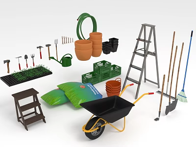 Essential Agricultural Equipment Including Wheelbarrow Ladder Shovels Rakes Buckets for Gardening and Farming Tasks 3d model