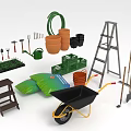 Essential Agricultural Equipment Including Wheelbarrow Ladder Shovels Rakes Buckets for Gardening and Farming Tasks