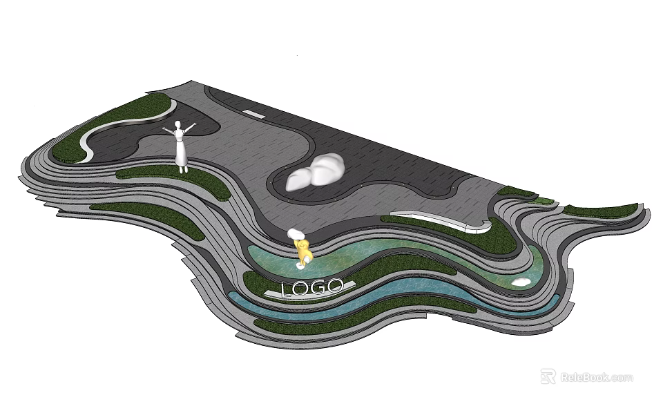 Garden Landscape Design With Undulating Terrain Winding Paths And Greenery Areas 3d model 