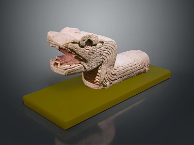 Stone Crocodile Sculpture With Open Mouth And Scaled Texture On Green Base 3d model