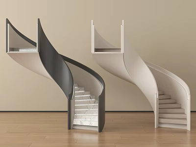 Modern Black and White Spiral Staircase With Elegant Curved Structure And Marble Steps 3d model