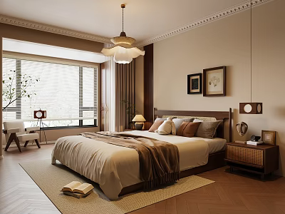 Elegant Modern Bedroom Interior With Cozy Bed Framed Pictures Pendant Lamp Blinds And Wooden Flooring 3d model