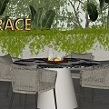 Outdoor Rattan Table And Chairs Set With Green Plant Backdrop And Decorative Tray