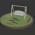 Outdoor Swing Chair With White Wooden Frame In Circular Grass Area And Wooden Pathway