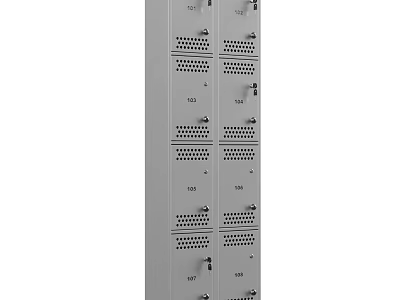 Gray Metal Storage Lockers With Multiple Numbered Compartments And Ventilated Design 3d model
