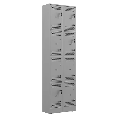 Gray Metal Storage Lockers With Multiple Numbered Compartments And Ventilated Design 3d model