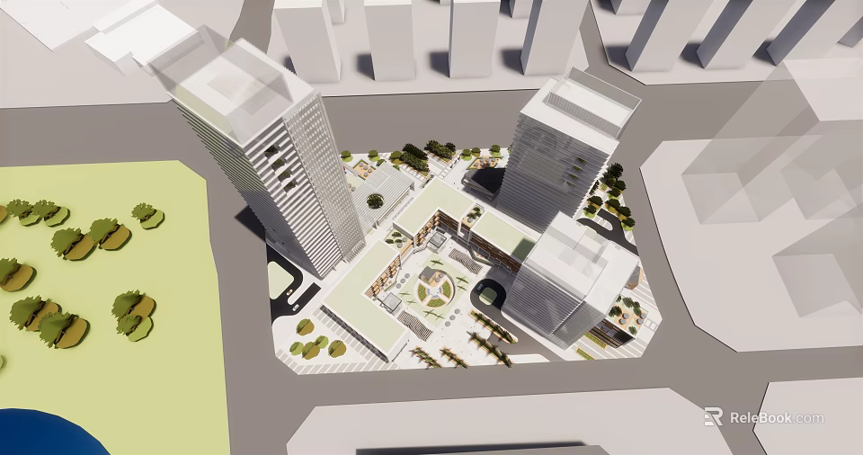 Modern Commercial Street With High Rise Buildings Open Plaza And Greenery 3d model 