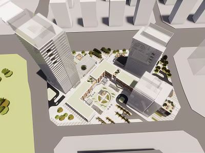 Modern Commercial Street With High Rise Buildings Open Plaza And Greenery 3d model