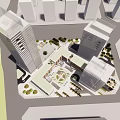 Modern Commercial Street With High Rise Buildings Open Plaza And Greenery
