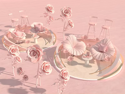 Pink Art Installation Featuring Roses Leaf Decor Circular Platforms And Chairs 3d model