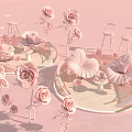Pink Art Installation Featuring Roses Leaf Decor Circular Platforms And Chairs 3d model