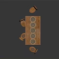 Wooden Dining Table Set With Intricate Carved Chairs And Decorative Tabletop