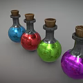 Four Glass Bottles With Wooden Corks Containing Blue Red Green Purple Colored Liquids