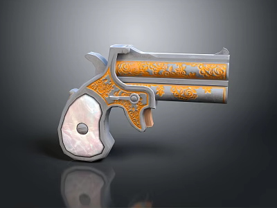 Ornate Decorative Revolver With Orange Carved Patterns And Mother Of Pearl Grip 3d model