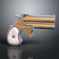 Ornate Decorative Revolver With Orange Carved Patterns And Mother Of Pearl Grip