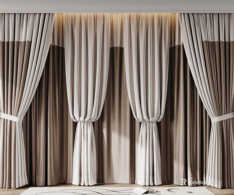 Elegant Beige And Brown Pleated Curtains For Living Room Interior Decor With Soft Fabric 3d model 