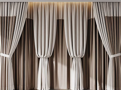 Elegant Beige And Brown Pleated Curtains For Living Room Interior Decor With Soft Fabric 3d model