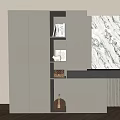 Modern Entryway Cabinet Sideboard Design With Marble Backdrop Open Shelves And LED Lighting