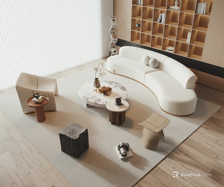 White Curved Sofa and Coffee Table Set in Modern Living Room with Rug and Decor 3d model 