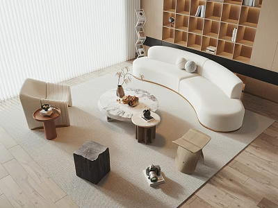White Curved Sofa and Coffee Table Set in Modern Living Room with Rug and Decor 3d model