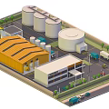 Cartoon Factory Scene With Yellow Roofed Building Storage Tanks Trucks Roads And Greenery