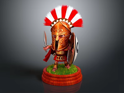 Cartoon Spartan Warrior Game Character With Red White Feather Helmet Sword Shield And Green Base 3d model