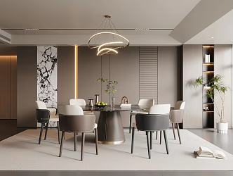 Modern Italian Restaurant Dining Table and Chair Combination Chandelier Round Table Leather Dining Chair 3d model