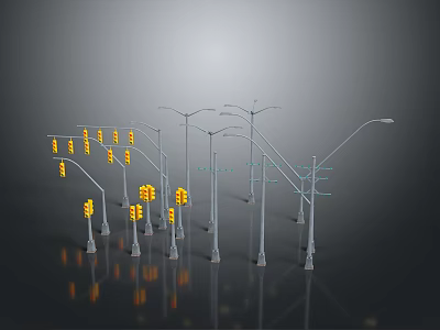 Different Types Of Street Lampposts And Traffic Lights With Reflective Bases 3d model