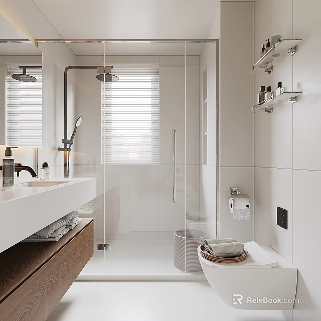 Modern Bathroom Interior With Glass Shower Enclosure Double Sink Vanity Wooden Cabinets And Blinds 3d model 