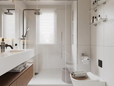 Modern Bathroom Interior With Glass Shower Enclosure Double Sink Vanity Wooden Cabinets And Blinds 3d model