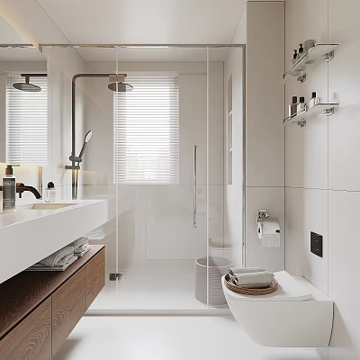 Modern Bathroom Interior With Glass Shower Enclosure Double Sink Vanity Wooden Cabinets And Blinds 3d model