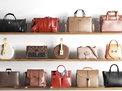 Elegant Assorted Color Handbags With Various Styles Display On Wooden Shelves 3d model