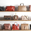 Elegant Assorted Color Handbags With Various Styles Display On Wooden Shelves